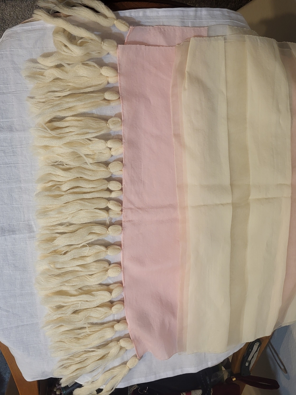 Handmade Knotted Fringe Stole BAAR & BEARD, INC Pink and Cream Tassel.